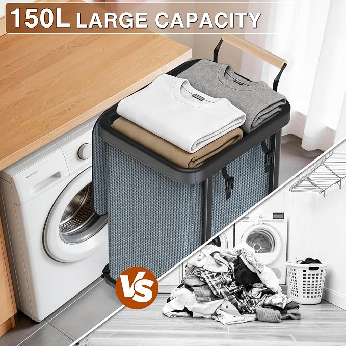 Laundry Hamper with Lid,Leather Patchwork Laundry Basket with Wheels Grey - Image 4