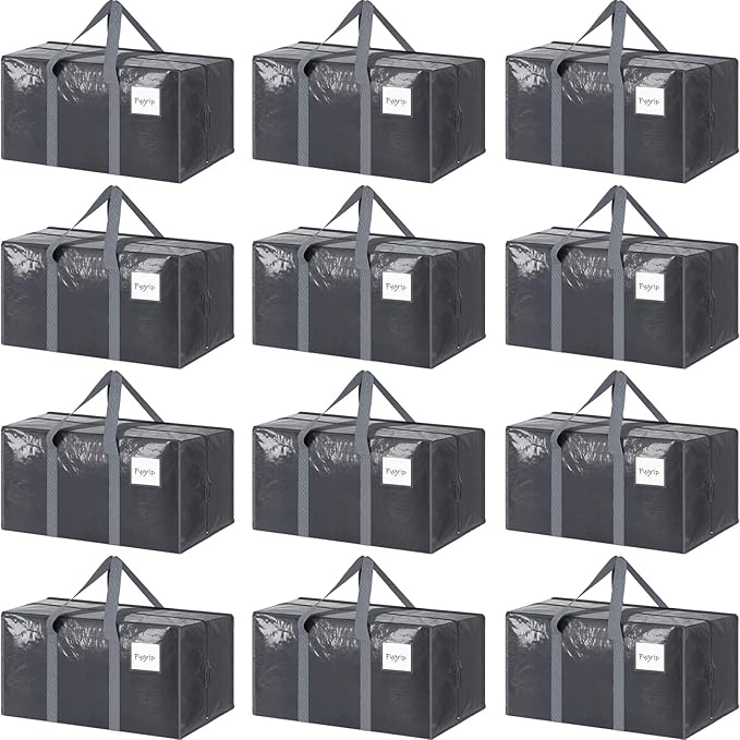 12 Pack Extra Heavy Duty Large Moving Bags with Strong Zipper, Gray | Comfortable Handles, Sturdy & Durable Clothes Storage Bags Totes Bins, Blue Packing Moving Boxes for College Supplies by Fygrip