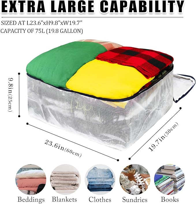 Ineetatu Clear Storage Bags with Zipper, 75L Extra Large Capacity - Closet, Underbed Storage Organizer for Clothes, Bedding, Comforter, Toys, Pillow & Blanket, 3 Pack - Image 2