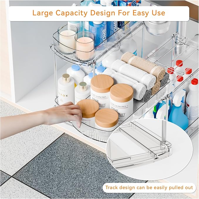 Yieach 2 Pack 13.8″ Deep 2 Tier Under Sink Storage Organizer,Large Pull Out Bathroom Organizers and Storage,Slide Out Acrylic Undersink Storage Shelf,Kitchen Under Sink Organizer for Cleaning Products - Image 4