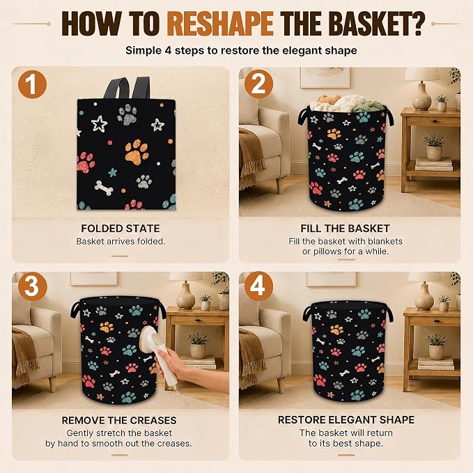 Dog Paws Laundry Basket with Handles,Cute Stars Foldable Oxford Clothes Hamper, Portable Dirty Clothes Storage Organizer for Bedroom Bathroom Dorm Laundry Room,20.8x16 Inch - Image 6