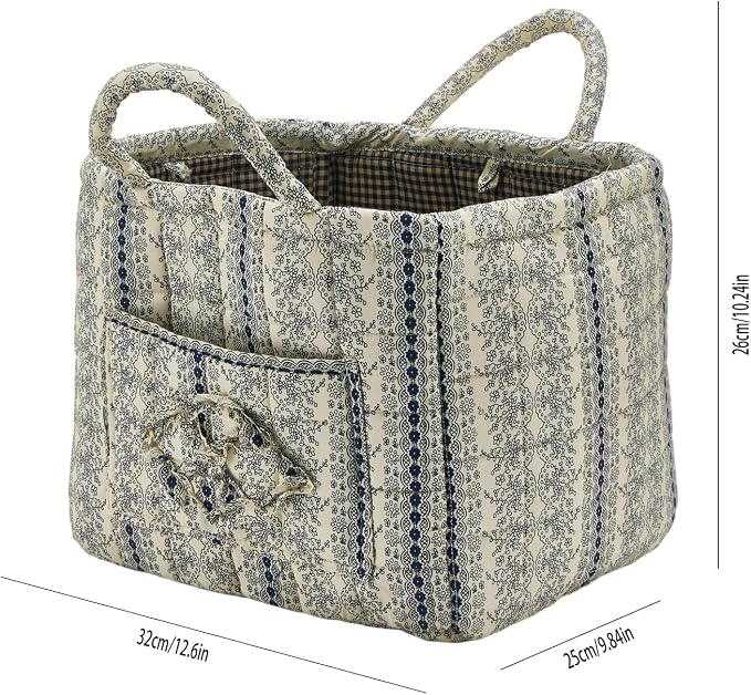 Quilted Fabric Storage Basket with Handles & Pocket, Foldable Laundry Hamper Boho Floral Print Organizer Bin for Home, Picnic, Office 12"x10"x10" (B-4) - Image 4