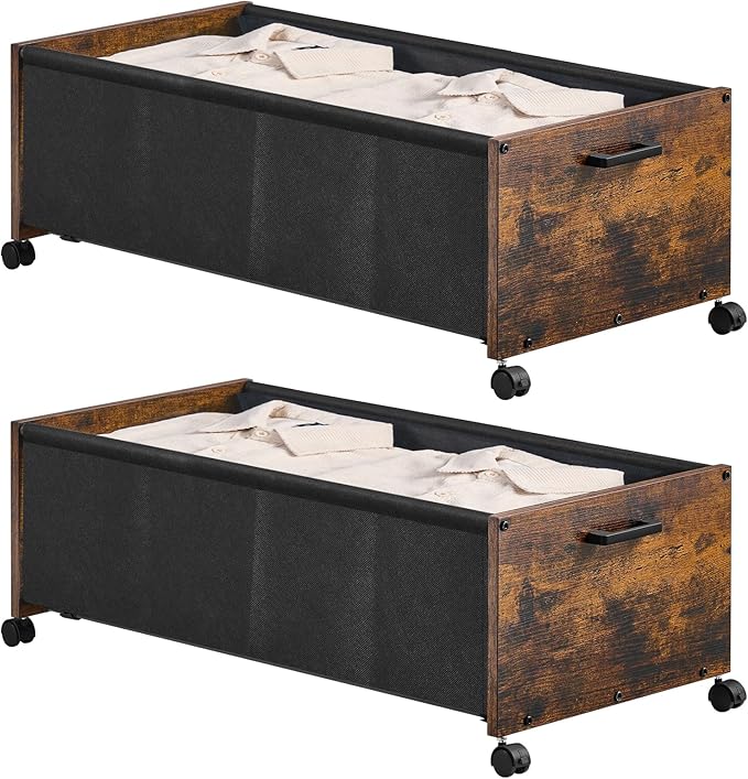 FOUCSSOMEI Under Bed Storage with Wheels, Wooden Under Bed Drawers On Wheels, Rolling Under Bed Shoe Storage, Space Saving, Rustic Brown,90L by FOUCSSOMEI