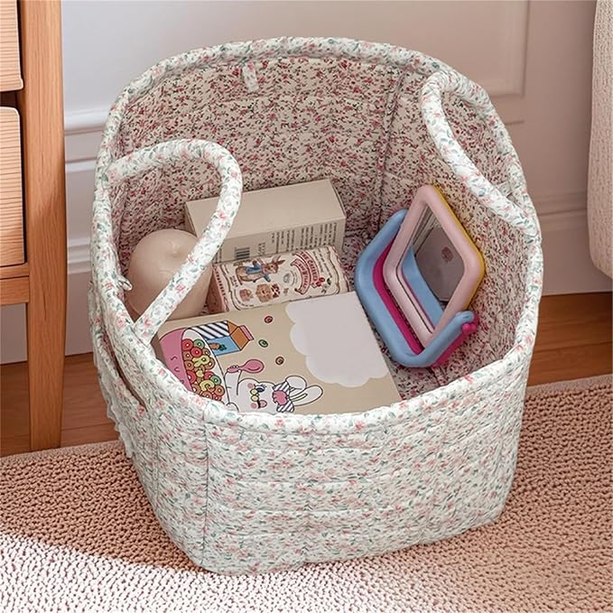 Quilted Fabric Storage Basket with Handles & Pocket, Foldable Laundry Hamper Boho Floral Print Organizer Bin for Home, Picnic, Office 12"x10"x10" (A-1) - Image 5