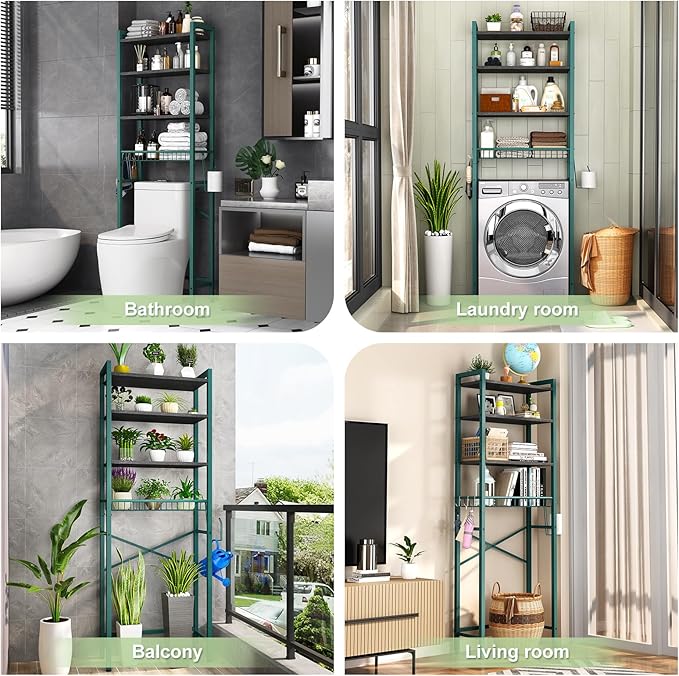 Kalrin Over-The-Toilet Storage Rack, 4-Tier Bathroom Organizer Shelf Over Toilet with Adjustable Shelf and Basket, Freestanding Space Saver Bathroom Shelves Above Toilet for Room (Green- Black) - Image 3