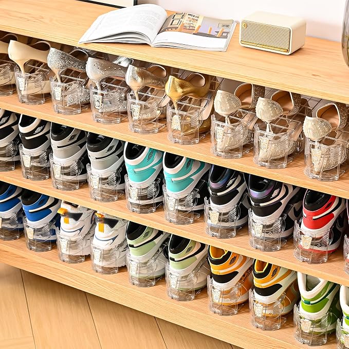 Shoe Slots Organizer,Elephant Shoe Rack Stable and Thick,Clear Shoe Stacker with 3 Adjustable Level for Sneakers Display (Transparent - Silver, 12Pack) - Image 9