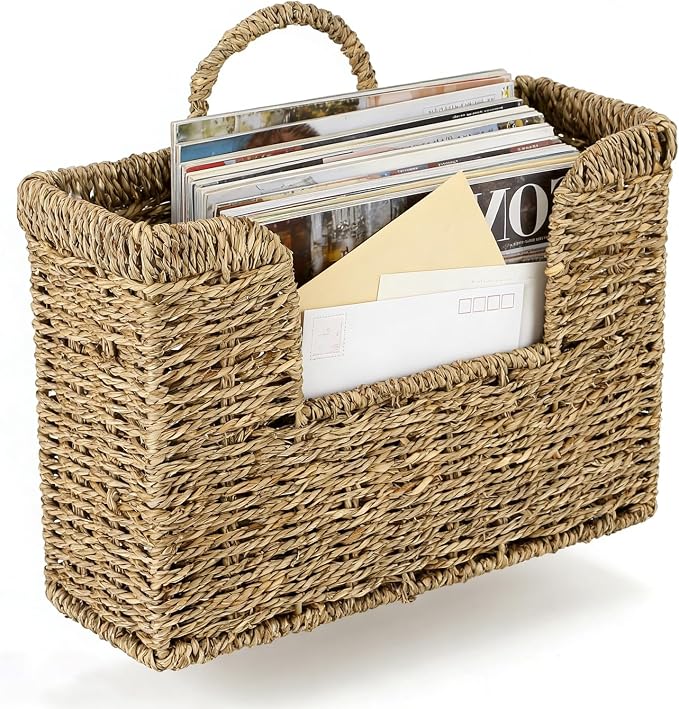 Hanging Magazine Basket, Woven Wall Magazine Holder Organizer with Handle for Mail, Files, Books - Water Hyacinth Farmhouse Storage Rack for Bathroom, Kitchen, Office (1, Sea Grass) by VANEME