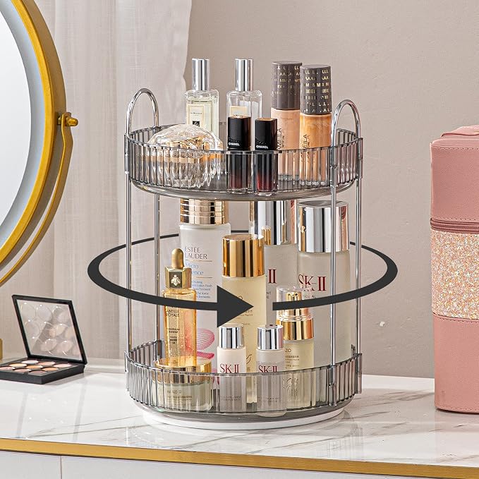 shuang qing Rotating Makeup Organizer for Vanity, High-Capacity Skincare Clear Make Up Storage Perfume Organizers Cosmetic Dresser Organizer Countertop 360 Spinning (Gray, 2 Tier) by SHUANGQING