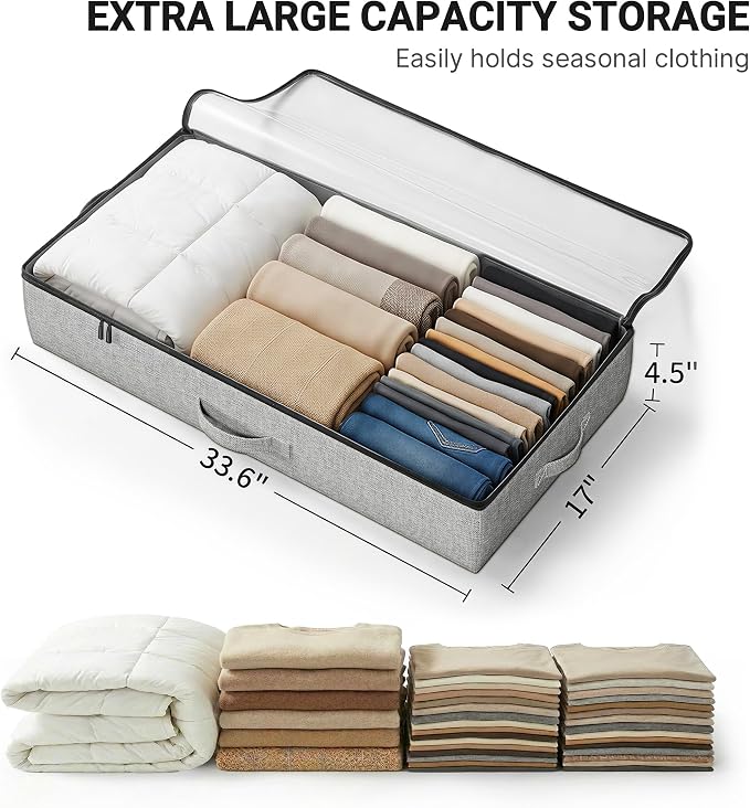 2-Pack Under Bed Storage Containers, 4.5 Inches Tall Clothes Storage, Grey | Low Profile Collapsible Underbed Organizer Bin with Sturdy Sidewalls/Bottom, Cotton-linen, For Seasonal Clothes & Bedding - Image 3