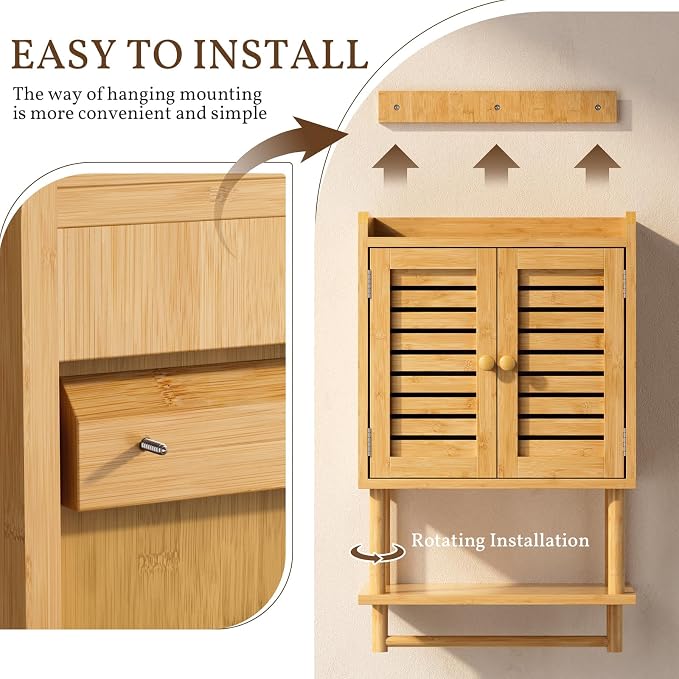 AmazerBath Bathroom Wall Cabinet, Bamboo Over The Toilet Storage Cabinet, Hanging Medicine Cabinets with Towel Bar, Wall Mounted Storage Shelf with Adjustable Shelves for Small Spaces - Image 6