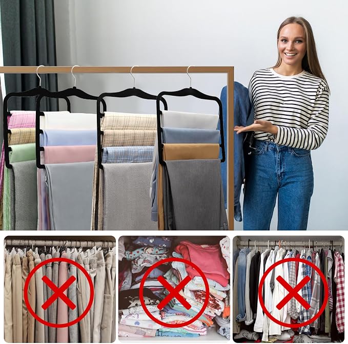 2-Pack Velvet Pants Hangers - Space Saving Multi-Layer Non-Slip Closet Organizers for Jeans, Trousers & Scarves - Ideal Dorm Room Storage Solution for Small Spaces - Image 6