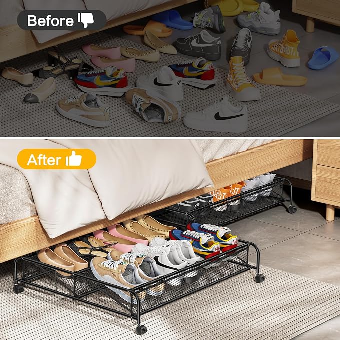Under Bed Shoe Storage Organizer, 2 Pack Under Bed Storage Containers with Wheels for Under Bed Shoe Organizer Drawer Space Saving for bedroom - Image 6