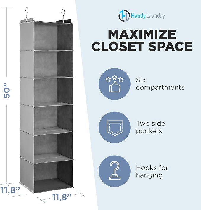 Handy Laundry Hanging Closet Organizer - 6 Shelf Storage for Clothes, Sweaters, Shoes & Accessories - Space-Saving Wardrobe Shelves with Hooks for Dorm, RV & Small Closet Organization (Grey) - Image 2