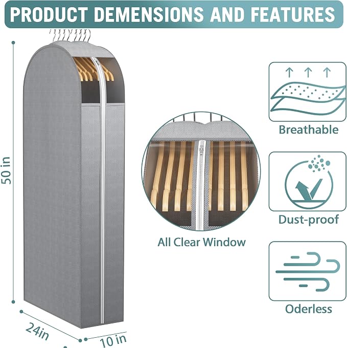 Liuoud 10" Gusseted Garment Bags for Hanging Clothes with Clear Window, 50” | Suit Bags for Closet Storage with Large Metal Zipper, Breathable odorless Hanging Plastic Clothes Cover for Coat Dress Fur - Image 2