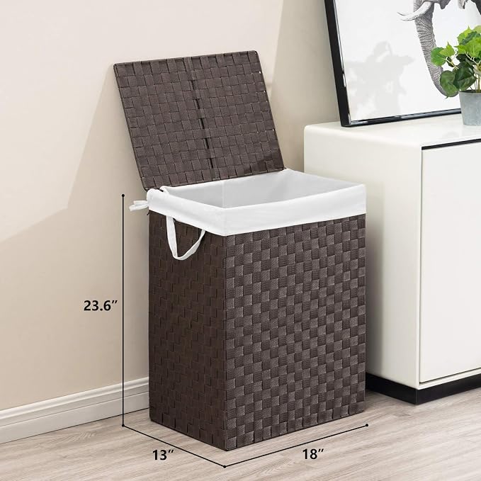 YOUDENOVA Handwoven Laundry Basket Hamper with Removable Liner Bag and Lid, Collapsible Clothes Hamper with Handle, Brown - Image 2