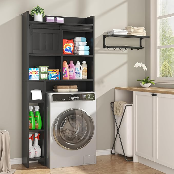 kepptory Over the Toilet Cabinet with Sliding Barn Door，Black - Image 7
