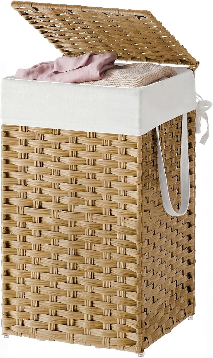 SONGMICS HOME Laundry Hamper with Lid, Clothes Basket with Removable Liner and Handles, 17.2 Gallon, Foldable Narrow Laundry Organizer for Bathroom, Bedroom, Light Brown by SONGMICSHOME