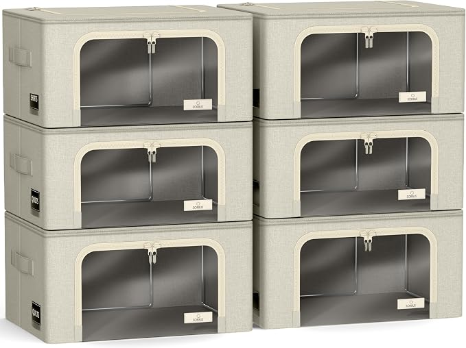 Sorbus Clothes Storage Bins, Clear Window & Handles (6 Pack, Beige) | Large foldable stackable boxes have easy-carry grips for bedding and linens in closets, bedrooms and laundry rooms. - Image 7