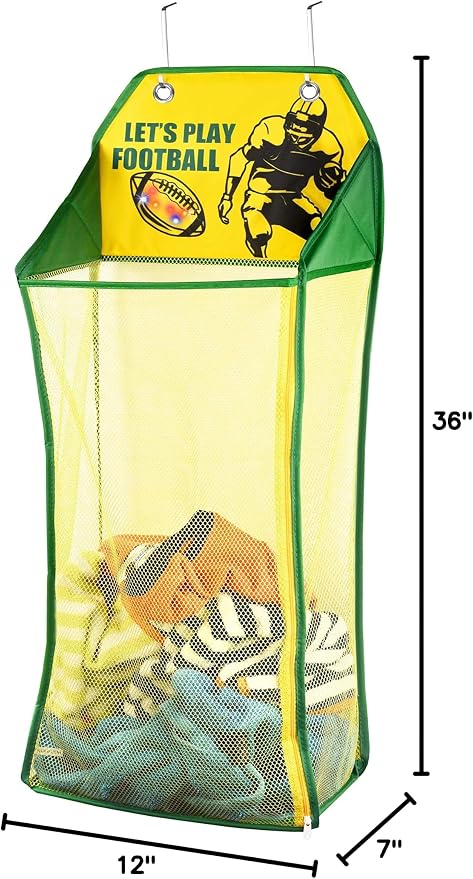 Store & Score Over The Door Hanging Kids Fun LED Football Light-Up Collapsible Mesh Construction Laundry Hamper Basket, Toy Chest, Heavy Duty Metal Hooks Included. Patent Pending - Image 6