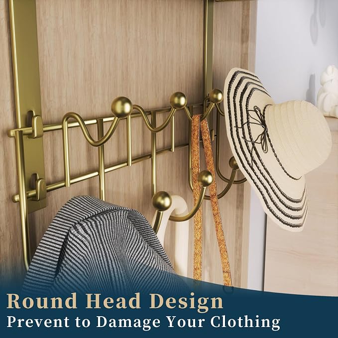 Consumest Over The Door Hooks Organizer - 3 Tier Door Hanger with 9 Coat Hooks & 2 Mesh Basket, Back Storage Organizer Hanging Towels for Bathroom, Bedroom, Gold - Image 5