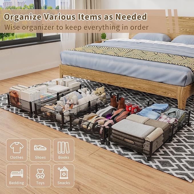 Under Bed Storage with Wheels, 31.5in / 35L Large Rolling Underbed Storage, Underbed Drawer on Wheels, Tool-free Assembly Metal Under Bed Drawers Organizer Container for Bedroom Shoes Clothes Toys - Image 5