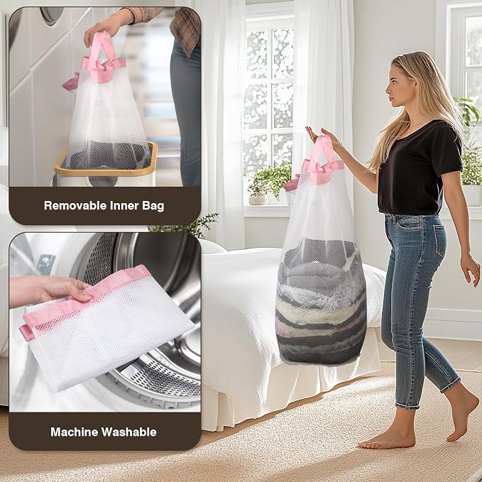 Bathola Laundry Hamper with Lid, Laundry Basket with Removable Bag, Pink - Image 5