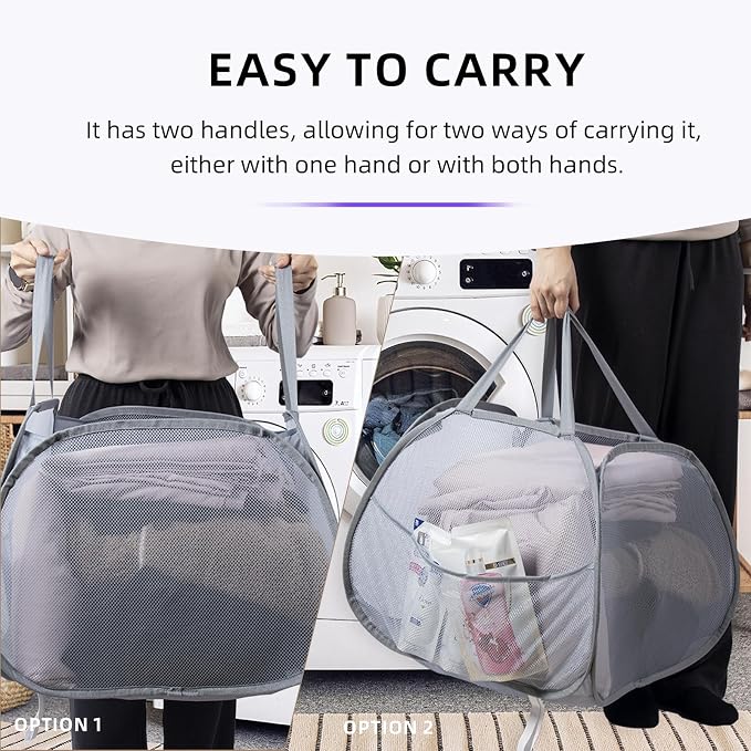 Collapsible Laundry Basket 90L, Mesh Pop-up Hamper, Gray 2PCS - Image 4
