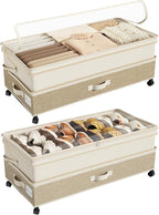 Kitstorack 2Pack Height-adjustable Under Bed Storage with Wheels, Under Bed Storage Containers,Under Bed Shoe Storage Organizer with Clear Window&Label, Suitable for Clothes Storage, Beige & Linen by Kitstorack