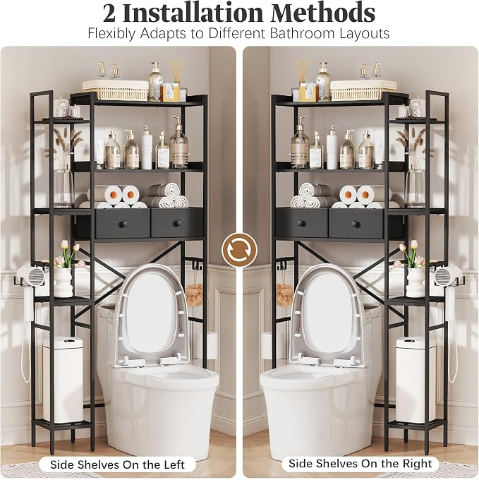 Quikraen 7-Tier Over the Toilet Storage Shelf, Large Bathroom Organizer with 2 Fabric Drawers, 4+3 Adjustable Side Shelves, Sturdy Freestanding Space Saver Rack with Hooks for Bedroom, Laundry, Black - Image 5