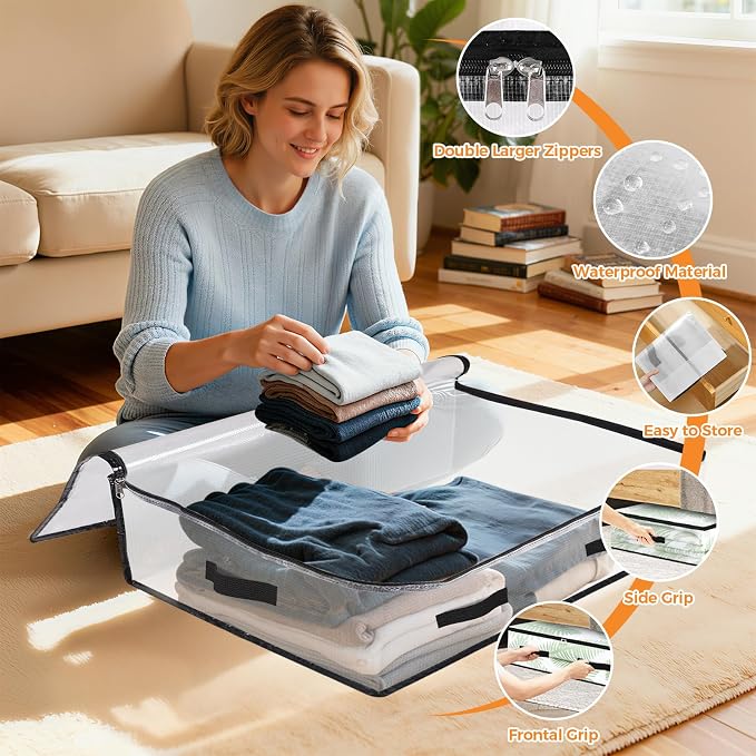2 Pack Under Bed Storage Bags, 60L Foldable Clear Containers with Handles | Dual Zipper Storage Bins for Comforters, Bedding, Blankets, Closet Organizer for Clothes, Linen Sheets, Sweaters - Image 3