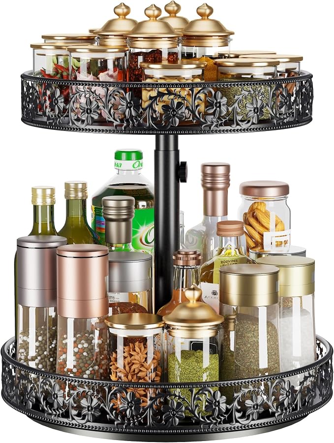 2 Tier Lazy Susan Organizer Turntable Height Adjustable, Black by HISKIWUU