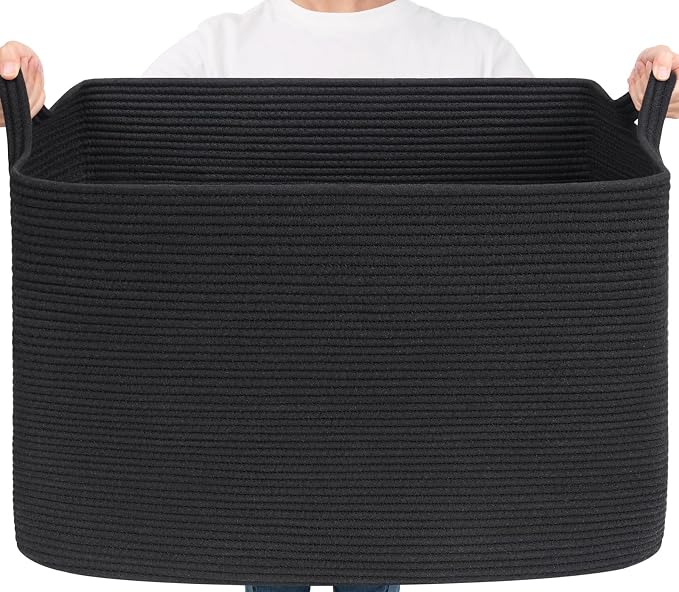 Goodpick 105L Extra Large Woven Rope Blanket Basket, Rectangle, Black by Goodpick