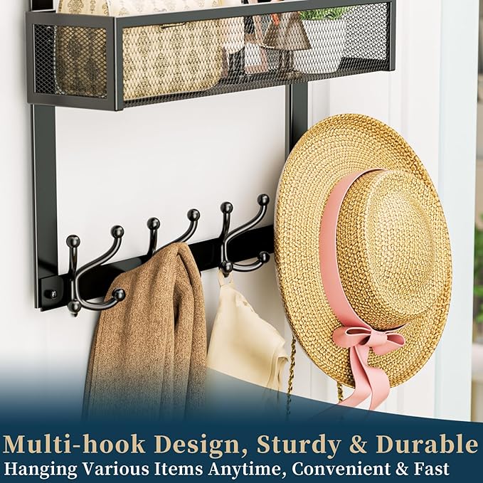 Consumest Over The Door Hooks Organizer - 2 Tier Over Door Hanger with 16 Hooks & 2 Baskets for Hanging Coat, Clothing, Towel, Back Storage for Bathroom, Closet, College Dorm, Black - Image 3
