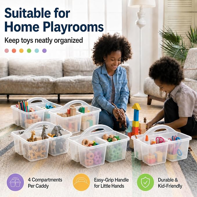 6 Pack 4 Compartment Classroom Caddy with Handle, Clear - Image 5