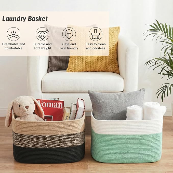 Artfeel Blanket Basket,Rectangle Woven Baskets for Storage,65L Laundry Basket for Decorative Nursery Blanket,Toys,Dirty Clothes and Magazine in Shelves,Baby Room,and Living Room - Image 6