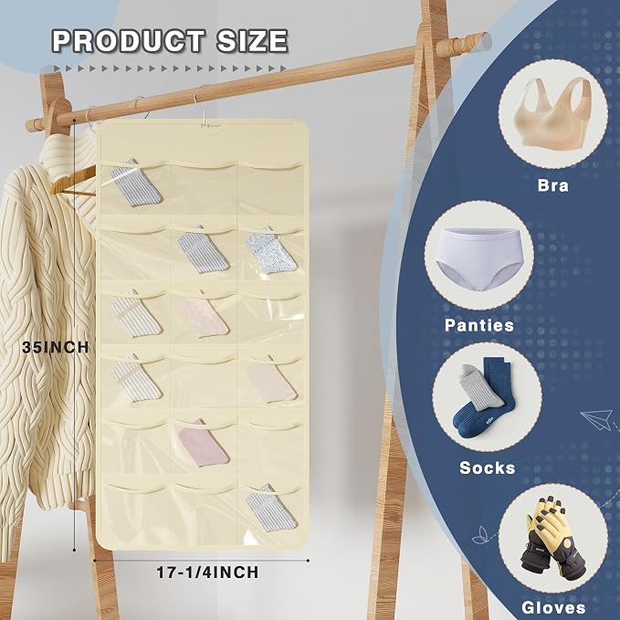 26-Pocket Hanging Closet Organizer for Socks and Underwear, Beige - Image 5