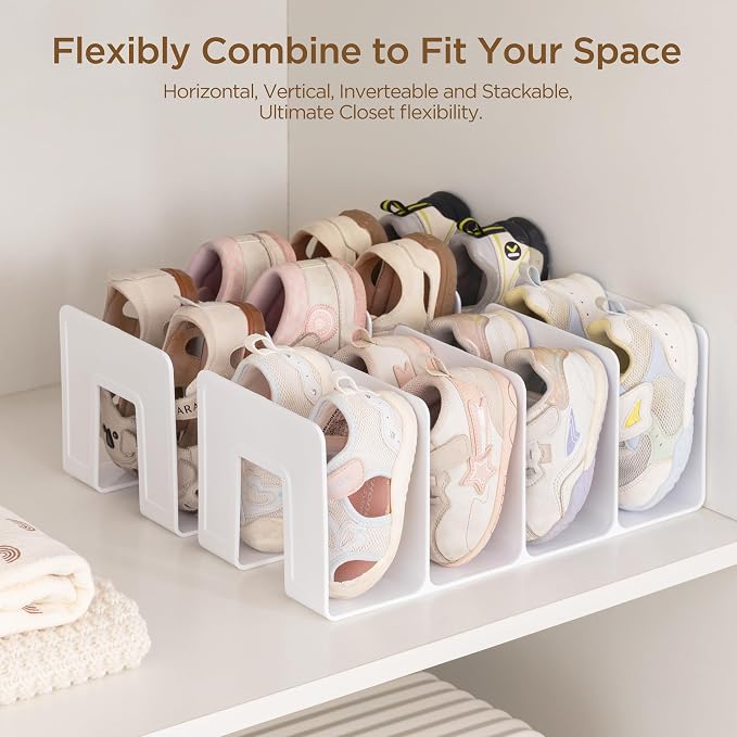 HBlife White Acrylic Kids Shoe Rack for Closet Organizers and Storage, Small Shoe Rack 4 Sections Toddler Baby Shoe Storage Organizer Stackable Shoe Shelf,Desk File Sorter Book Purse Organizer(2 Pack) - Image 4
