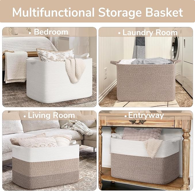 Goodpick 105L Extra Large Woven Rope Blanket Basket, Rectangle, Light Brown - Image 4