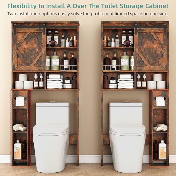 Over the Toilet Storage Cabinet with Farmhouse Sliding Barn Door, Above Toilet Organizer with Toilet Paper Holder Stand, Behind Toilet Shelf, Space Saver for Restroom, Bathroom, Laundry, Brown - Image 3