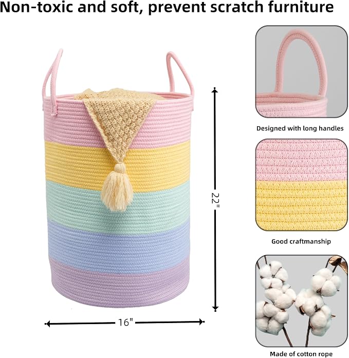 XUANGUO Rope Laundry Basket Hamper for Kids Girl Large, rainbow - Image 2