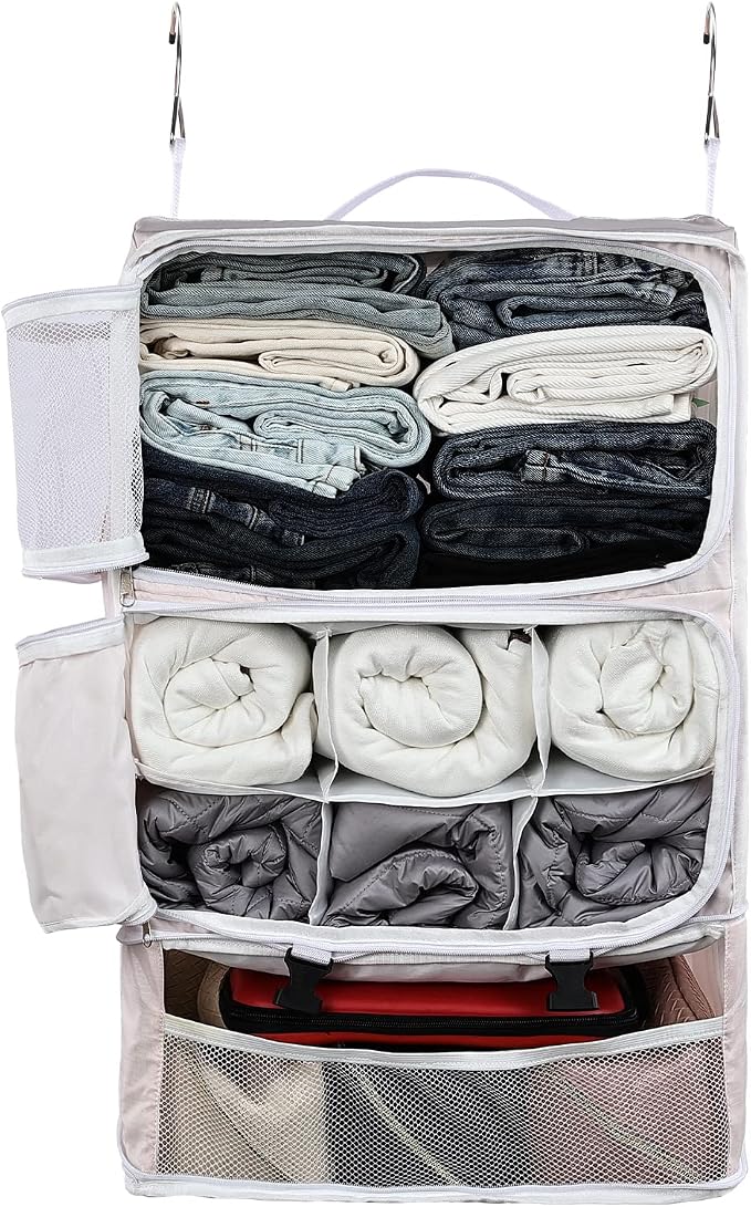 Surblue Hanging Shelves Travel Storage Bag Compression Packing Cube for Suitcase Portable Closet Organizer Collapsible with Extension Layer Large Capacity,Pink,XXL by SURBLUE