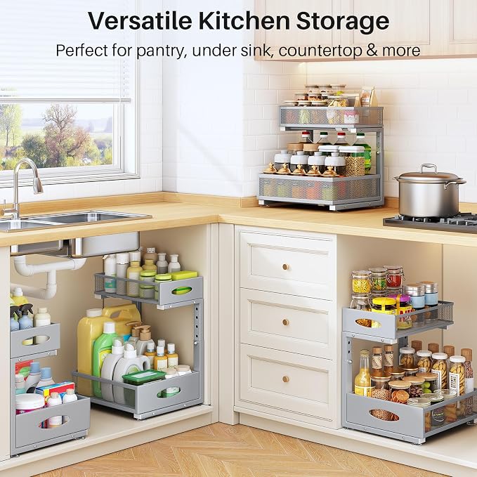 Under Sink Organizer, 2 Pack 2 Tier Pull Out Under Cabinet Organizer Shelf with Pad for Framed Cabinets, Metal Slide Out Under Sink Storage, Mesh Sliding Drawers for Kitchen Bathroom Laundry, Grey - Image 8
