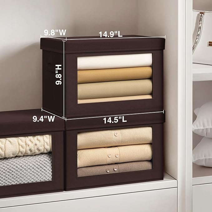 Homsorout Stackable Storage Bins with Lids - Medium Storage Box with Lids, Foldable Closet Boxes for Organizing, Wardrobe Clothes Organizer with Window, Cubes Bins for Living Room, 5 Pack, Brown - Image 3