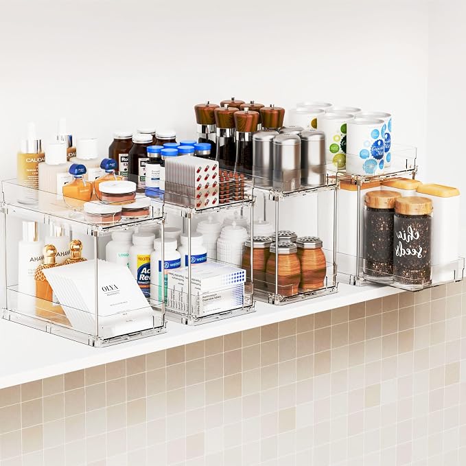 Yieach 4 Set Bathroom Organizers and Storage,2 Tier Clear Under Sink Organizer and Medicine Cabinet Organizer for Kitchen,Pantry Storage,Pull Out Drawers for Skincare,Pill Bottle,Spice Organization - Image 7