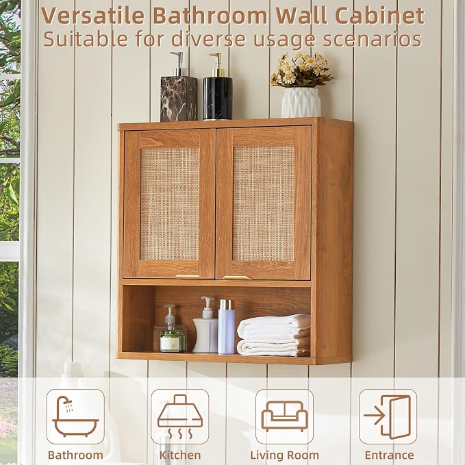 LEYAOYAO Rattan Bathroom Wall Storage Cabinet, Boho Medicine Cabinet - Image 5