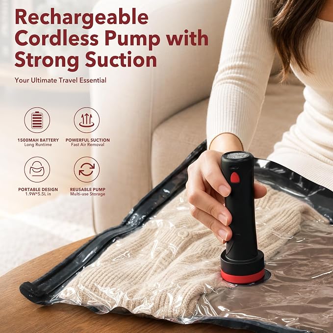 MEIQIHOME 28 Pack PackEase Travel Vacuum Bags 1500mAh Wireless Pump, 80% Compression Space Saver for Luggage, Clear PA+PE Reusable Seal Bags for Clothes, Portable Electric Air Pump for Travel & Home - Image 3