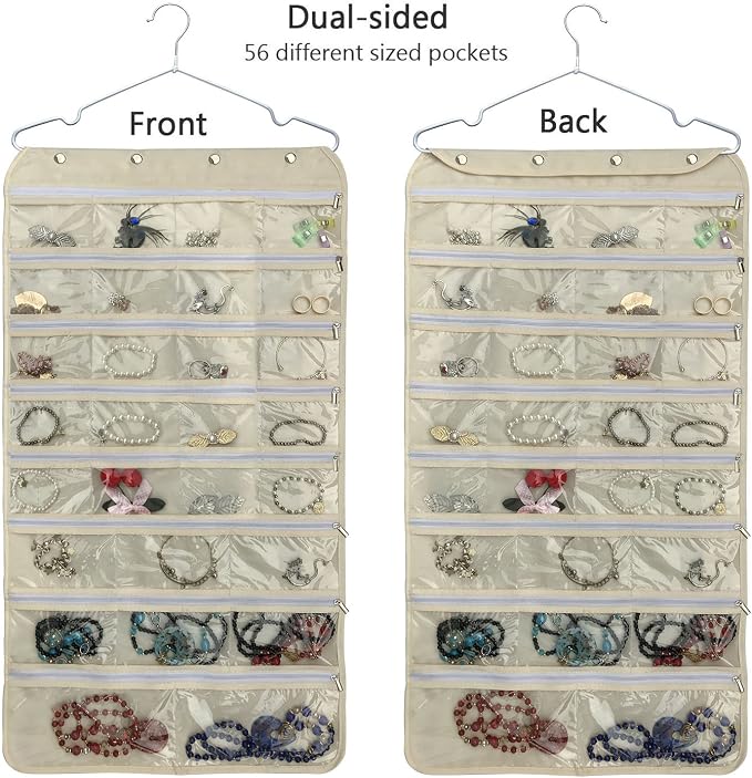 BB Brotrade Hanging Jewelry Organizer,Accessories Organizer,56 Zipper Pocket Organizer for Holding Jewelries (Beige-Zipper) - Image 2