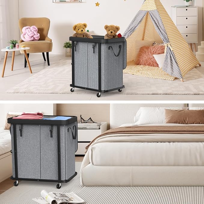 Laundry Basket with Wheels,190L (50 Gal) Laundry Hamper 2 Setion - Gray - Image 7