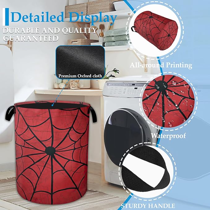 Red Spider Web Laundry Basket Collapsible Laundry Hamper, Oxford Cloth Storage Bin for Room/Bathroom/Bedroom/Dormitories 16" X 20.8" - Image 3
