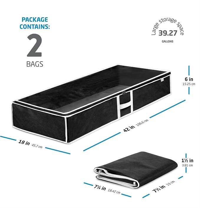 Zober Under Bed Storage - Pack of 2 Storage Containers for Clothes, Blankets, Winter Clothing, & Shoes - With Handles, Dual Zippers, & Clear Top (Black) - Image 7